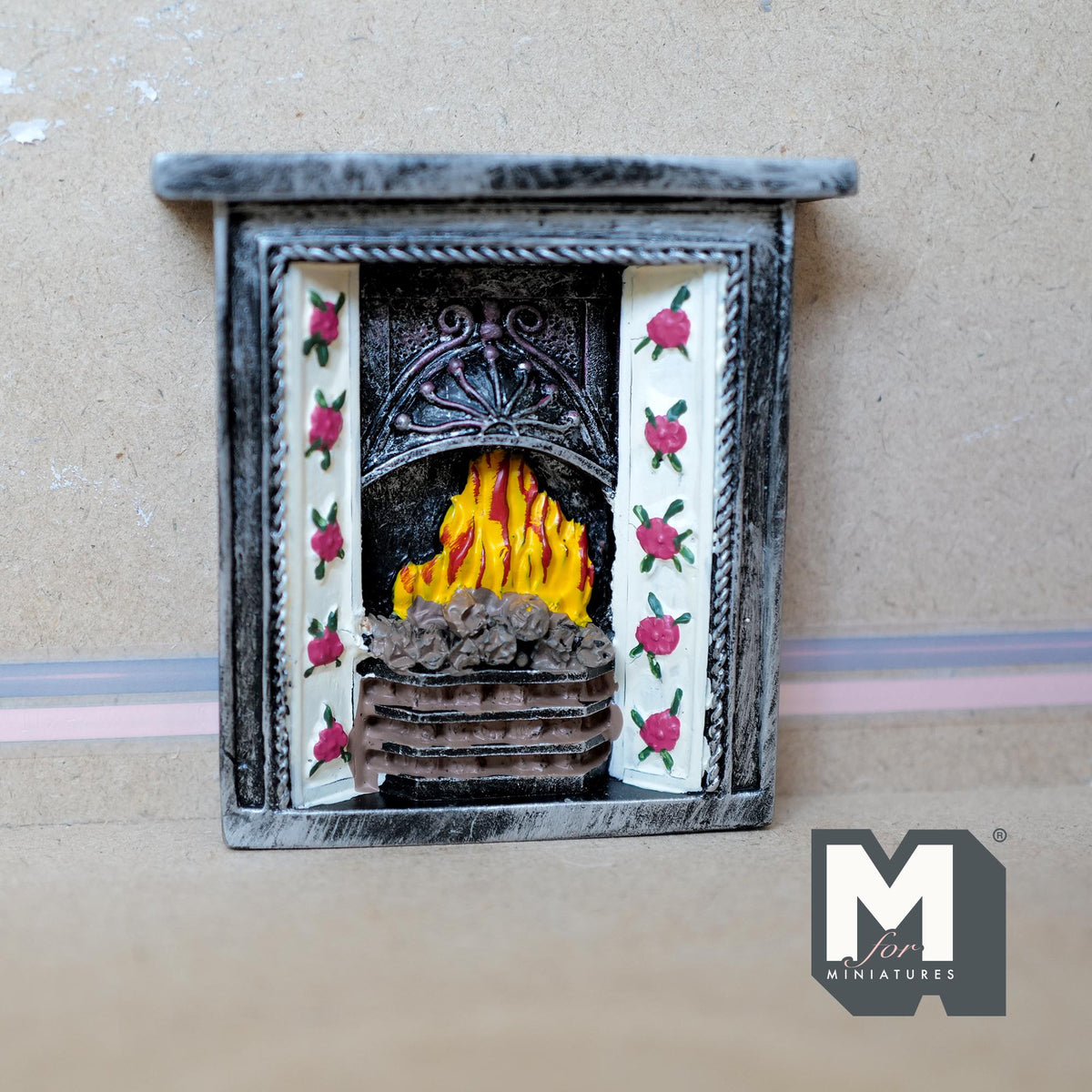 1:12 Scale Miniature Stone Look Fireplace with Mantel, Tile Side Panels, 3-11/16 inch tall, DIY Dollhouse Supply (cast resin)
