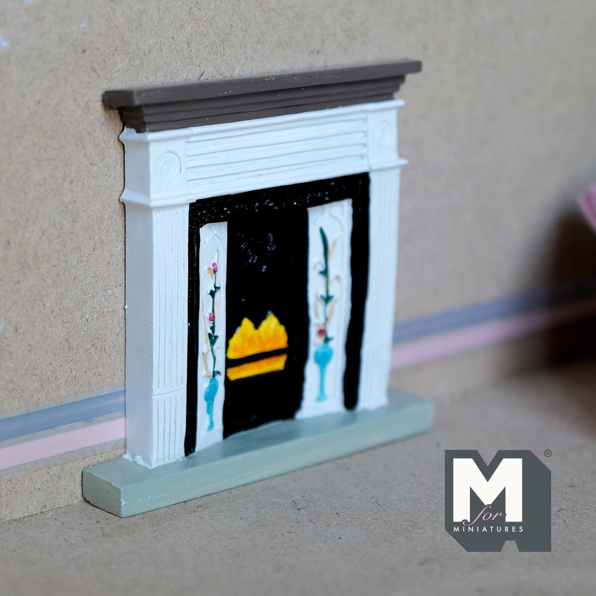 1:12 Scale Miniature Victorian Style Fireplace with Mantel, Tile Panels, 3-11/16 inch tall, DIY Dollhouse Supply (cast resin)