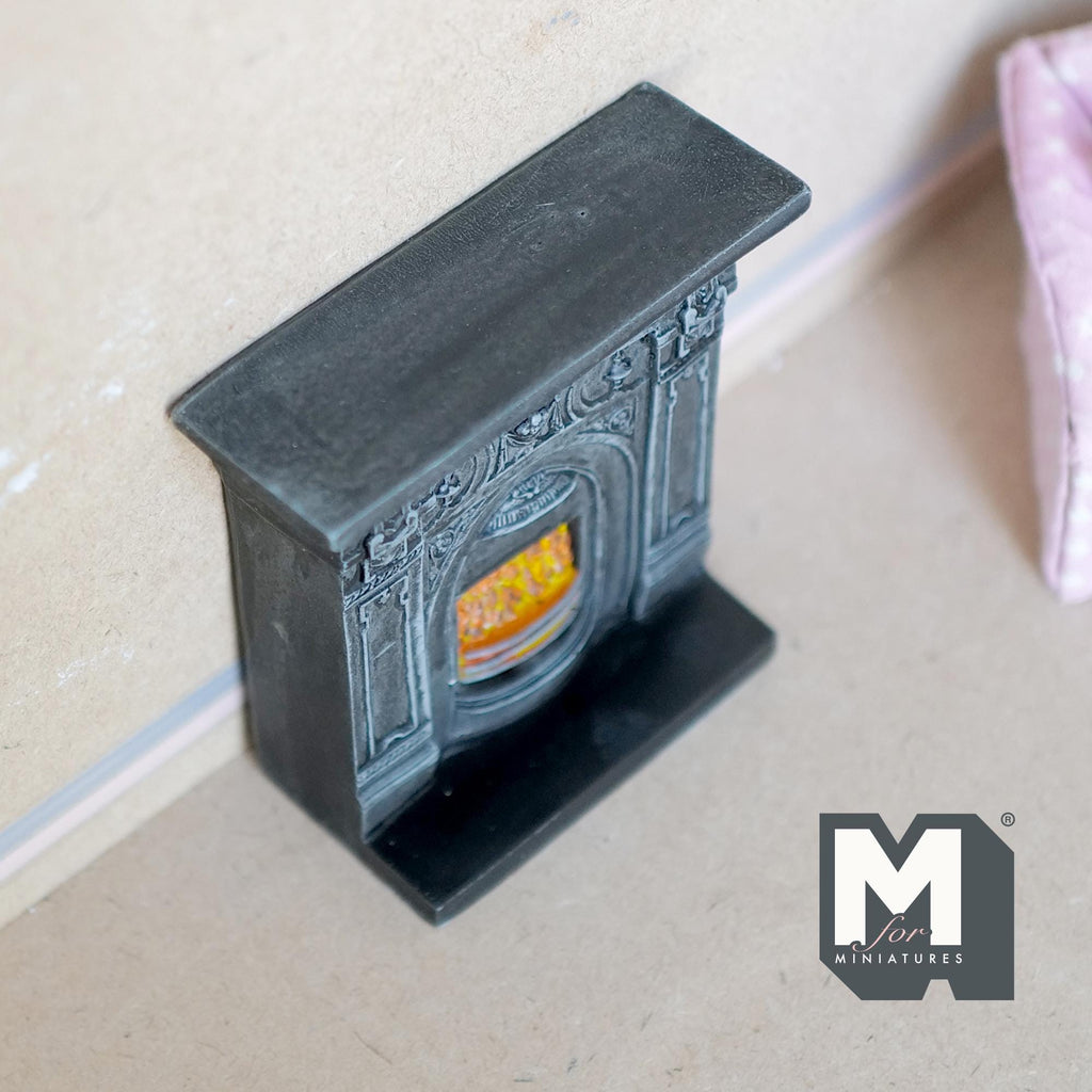 1:12 Scale Miniature Resin Victorian Style Fireplace with Fire Insert, 3-3/4 inch tall, DIY Dollhouse Supply (gray)