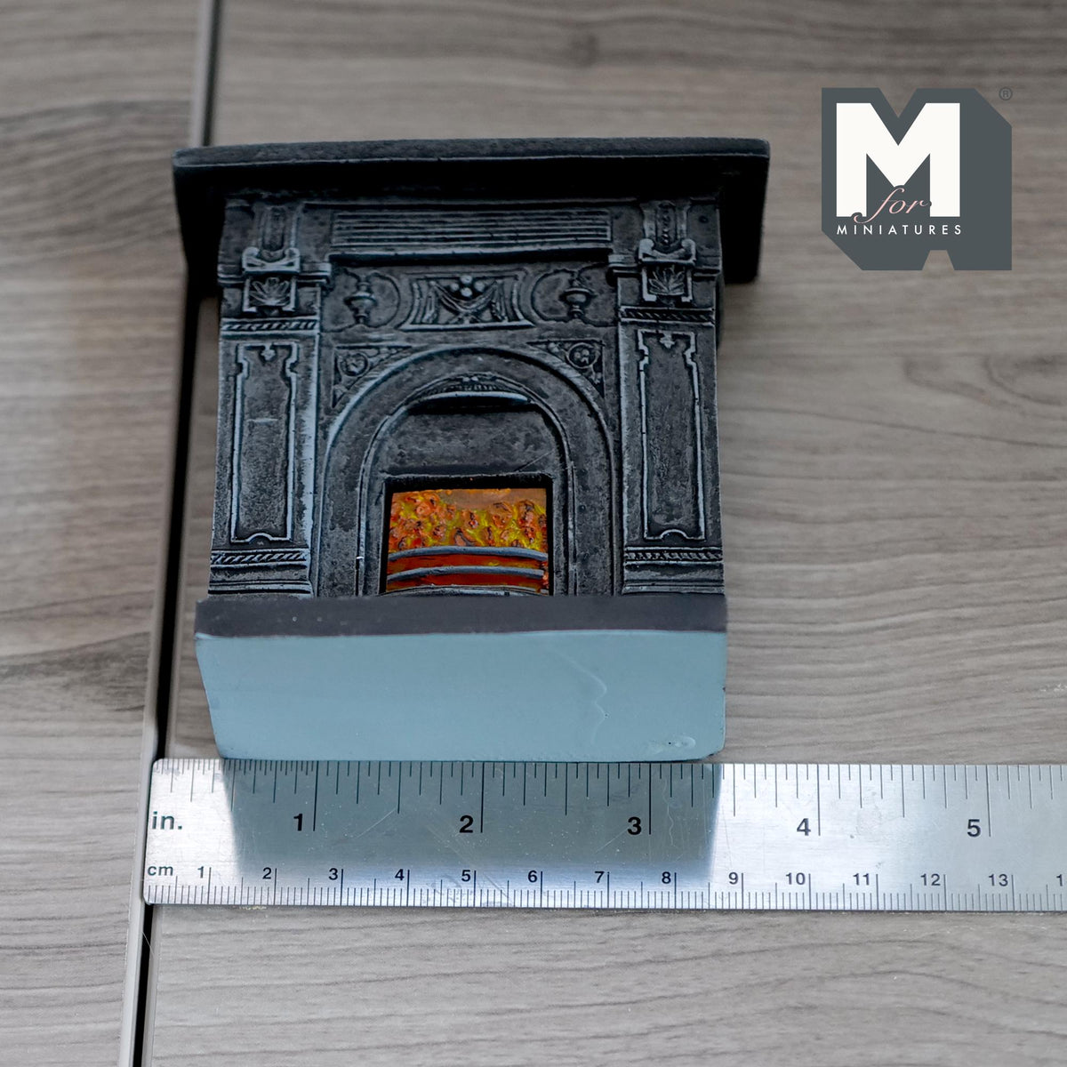 1:12 Scale Miniature Resin Victorian Style Fireplace with Fire Insert, 3-3/4 inch tall, DIY Dollhouse Supply (gray)