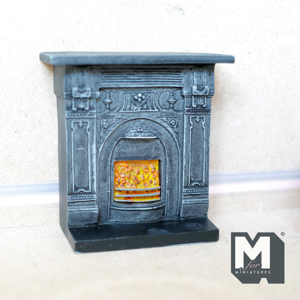 1:12 Scale Miniature Resin Victorian Style Fireplace with Fire Insert, 3-3/4 inch tall, DIY Dollhouse Supply (gray)