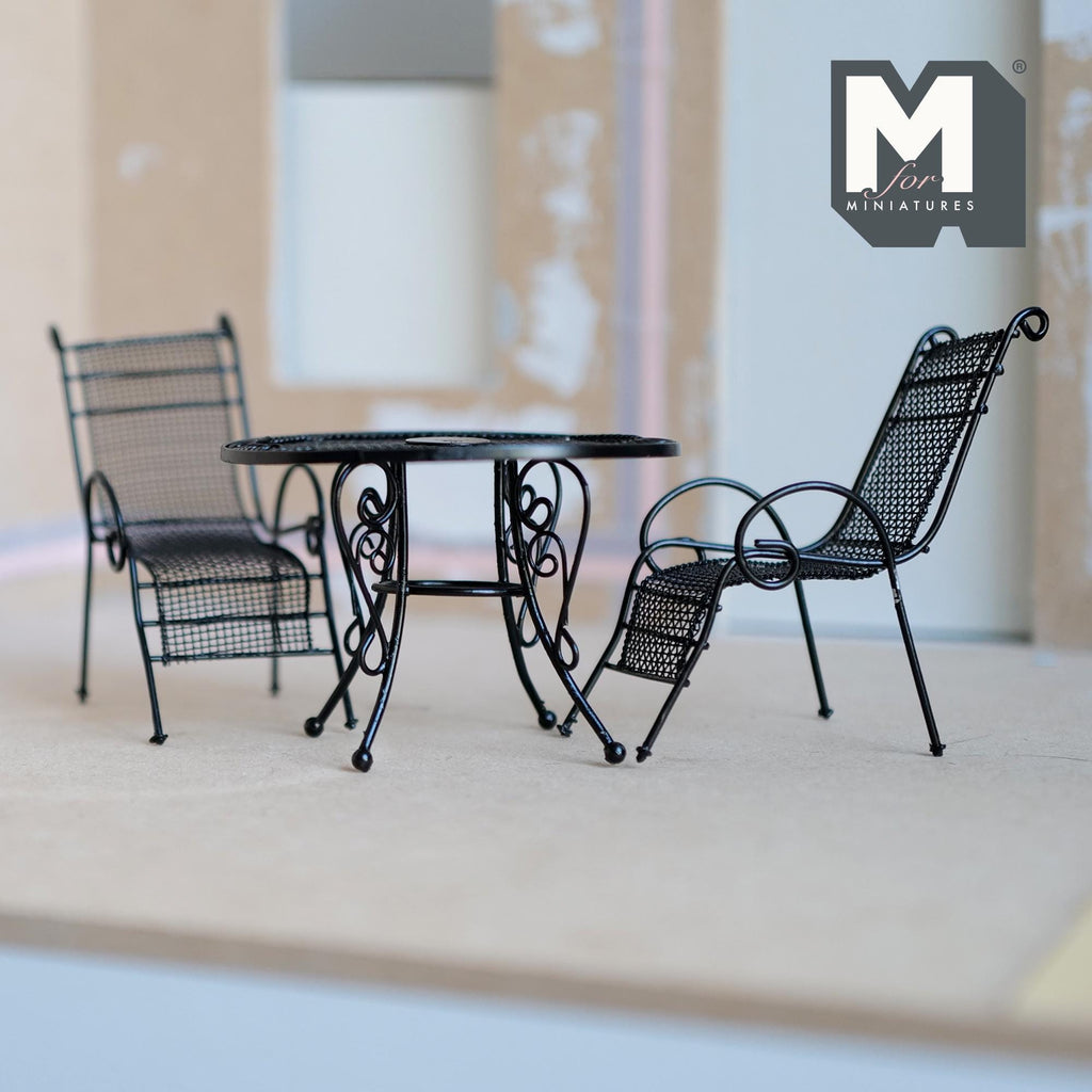 1:12 scale miniature black wire metal patio table and 2 chairs, bistro set with a round table and scroll legs