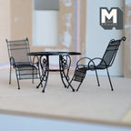 1:12 scale miniature black wire metal patio table and 2 chairs, bistro set with a round table and scroll legs