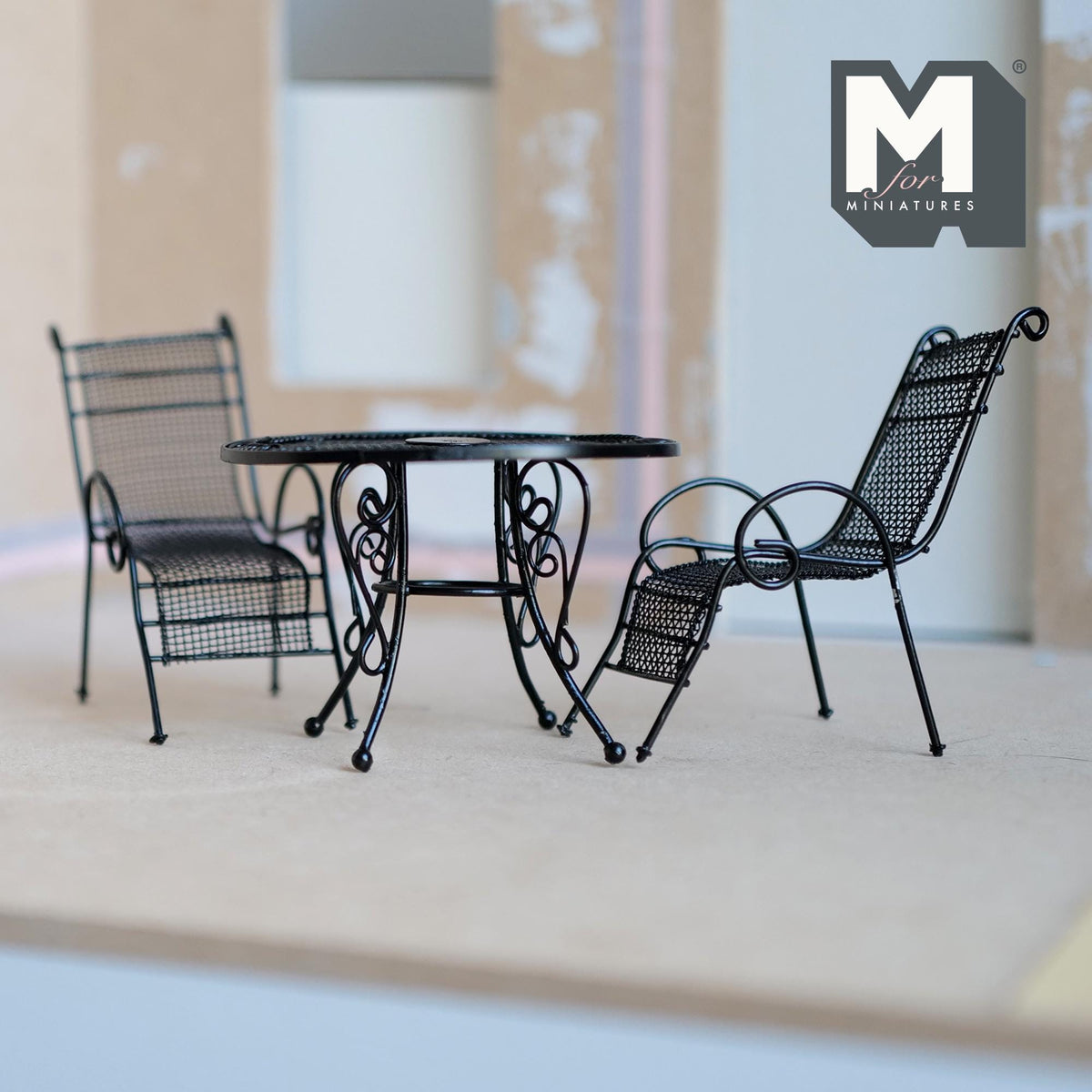 1:12 Scale Miniature Black Wire Patio Table and 2 Chairs, Bistro Set, 3-3/8 inch dia., DIY Dollhouse Supply (metal)