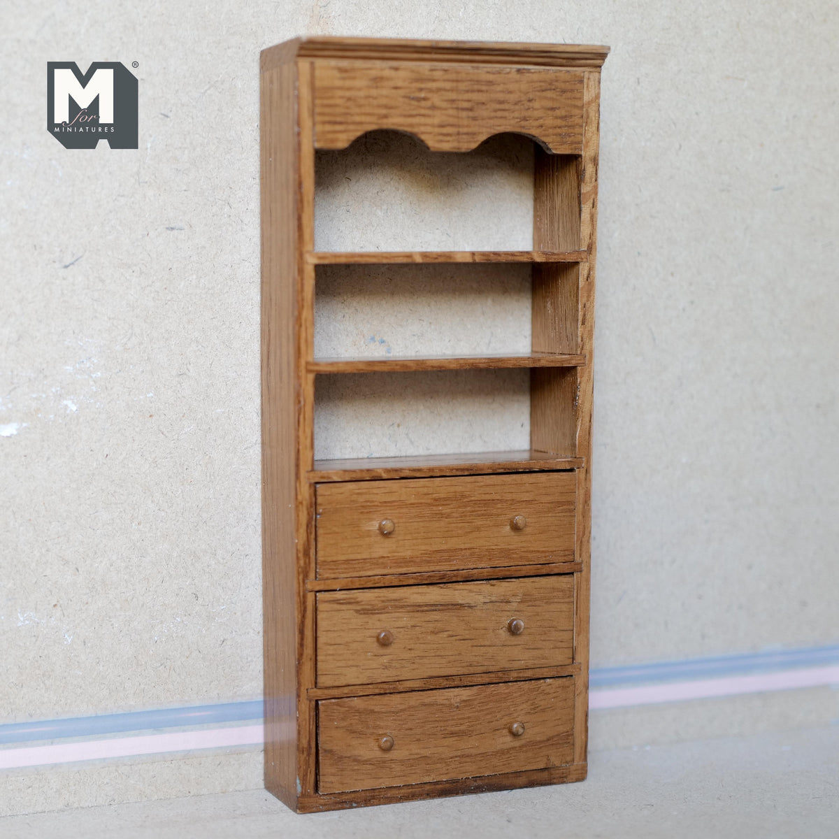 1:12 Scale Miniature Wood Tall Bookcase, 3 Shelves and 2 Drawers, 7-1/2 inch tall, DIY Dollhouse Supply (oak)