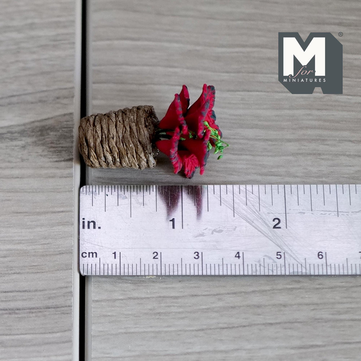 1:12 Scale Miniature Red Poinsettia in Twine Pot, 1-5/16 inch tall, DIY Dollhouse Supply