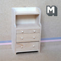 1:12 scale miniature unpainted wood bureau with 3 drawers and open shelf above, white knobs, shown against a wall