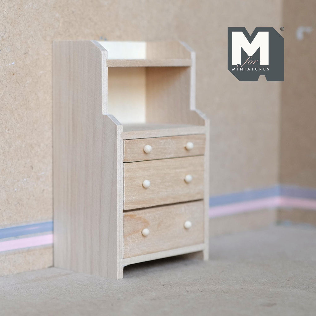 1:12 Scale Miniature Unpainted Wood Bureau with 3 Drawers and Open Shelf, 4-9/16 inch tall, DIY Dollhouse Supply