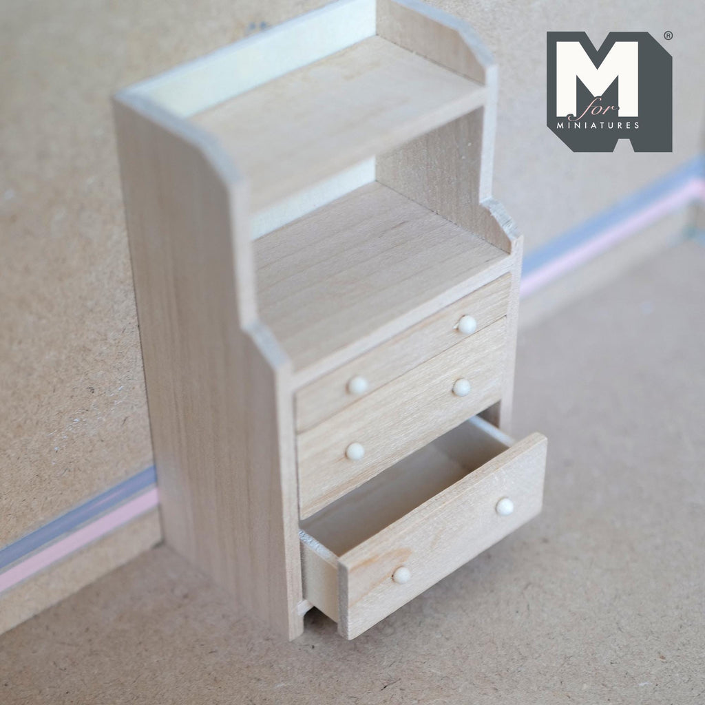 1:12 Scale Miniature Unpainted Wood Bureau with 3 Drawers and Open Shelf, 4-9/16 inch tall, DIY Dollhouse Supply