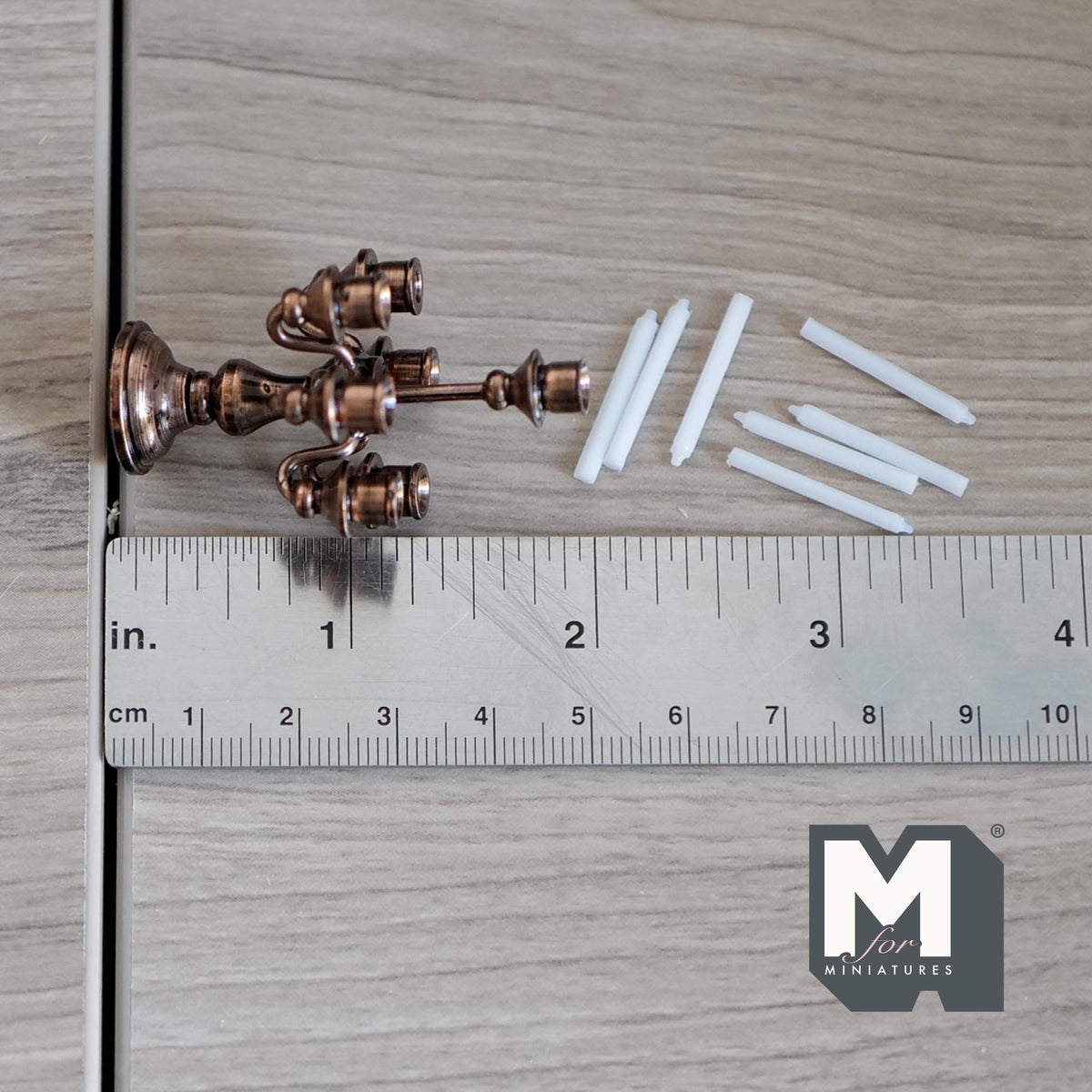 1:12 Scale Miniature Metal Candelabra, 5 Arms with Candles, 2-5/8 inch tall, DIY Dollhouse Supply (bronze)