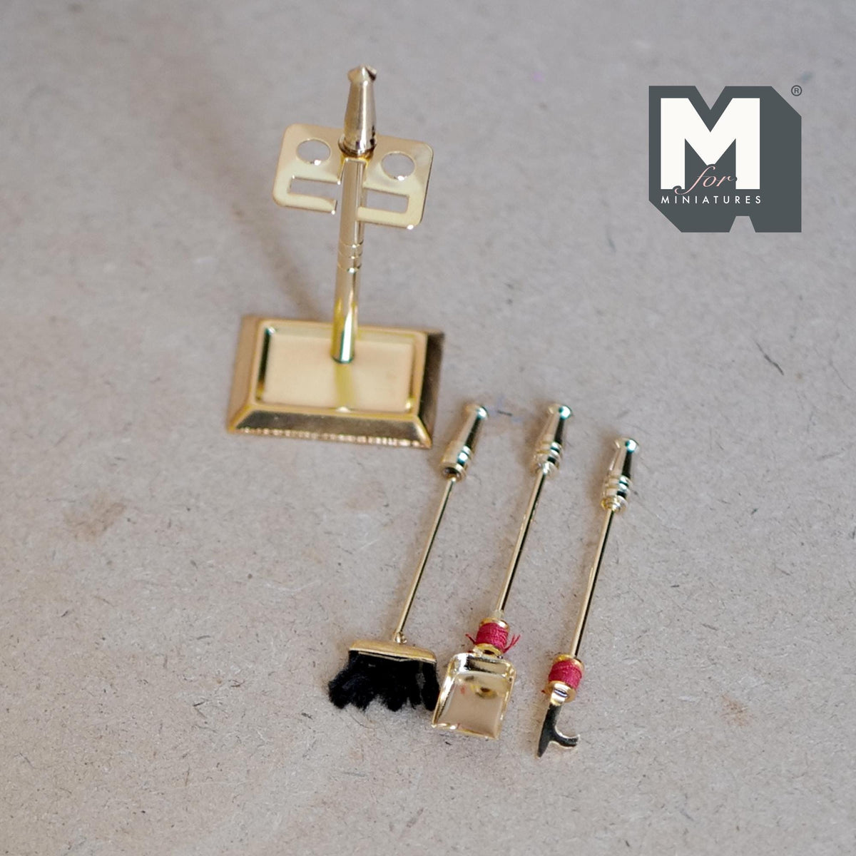 1:12 Scale Miniature Brass Fireplace Tool Set with Stand, Poker, Shovel and Brush, 2 inch tall, DIY Dollhouse Supply