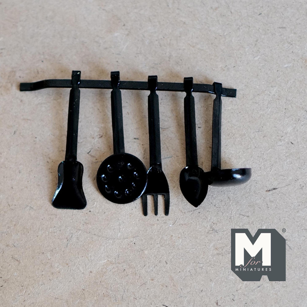 1:12 scale miniature black metal kitchen utensils with hanging rod, 5 tools including spatula, fork and ladle