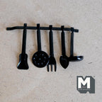 1:12 scale miniature black metal kitchen utensils with hanging rod, 5 tools including spatula, fork and ladle