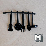Miniature Utensils with Hanging Rod 1:12 Scale Dollhouse Cooking Set Turners Fork Spatula Skimmer 1-9/16 inch long (metal) (black) - D034