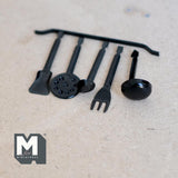 Miniature Utensils with Hanging Rod 1:12 Scale Dollhouse Cooking Set Turners Fork Spatula Skimmer 1-9/16 inch long (metal) (black) - D034