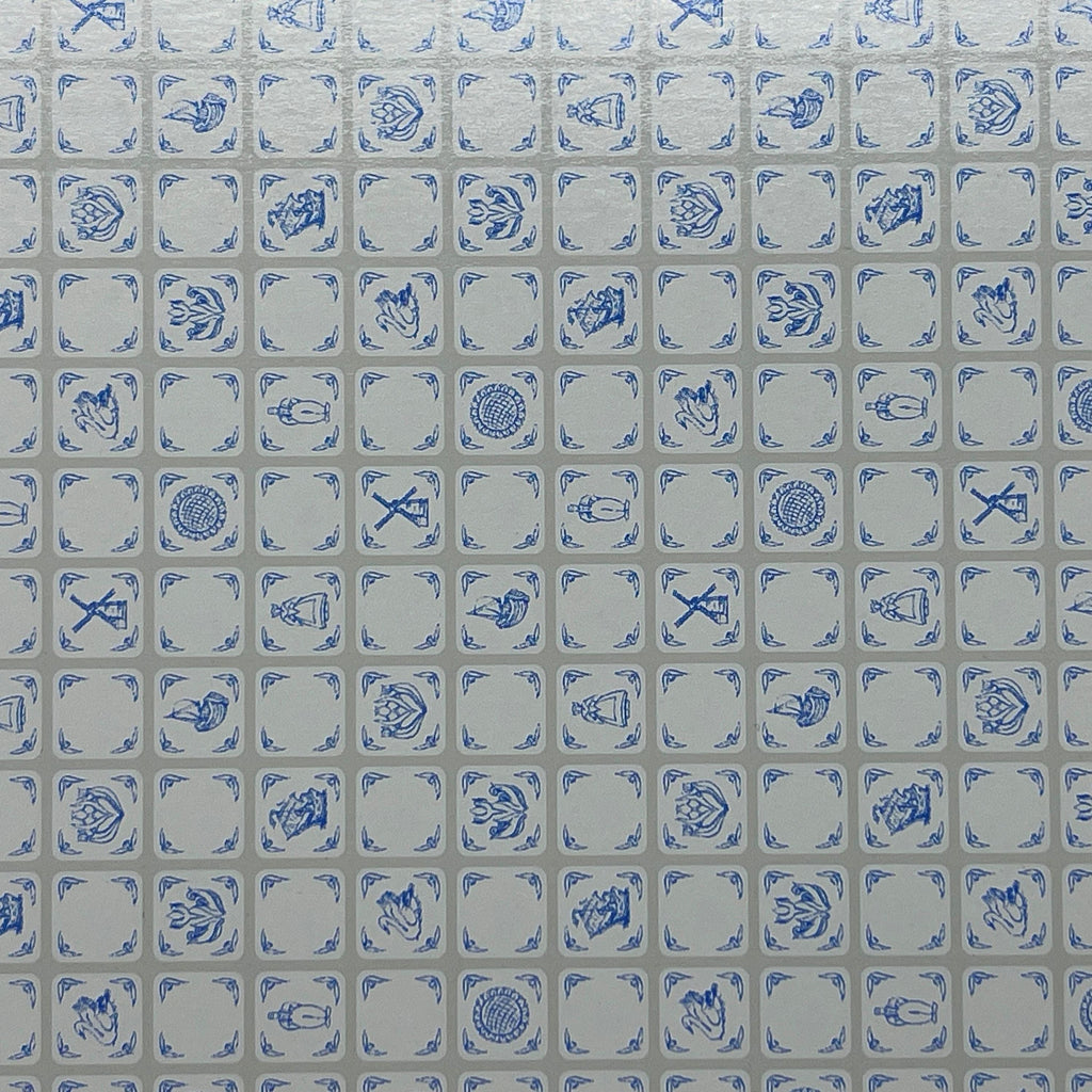 1:24 scale miniature small Delft tile wallpaper sheet in blue, white tiles with assorted blue motifs