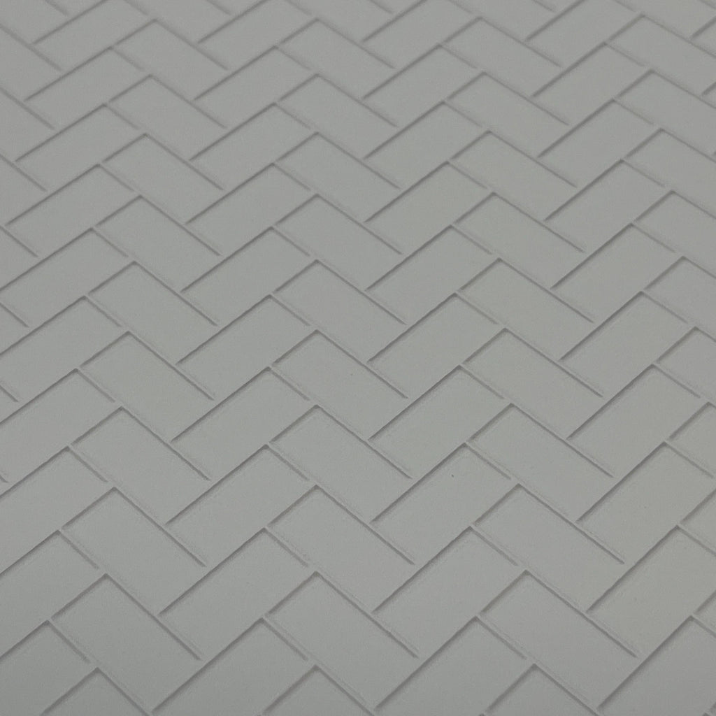 Miniature White Embossed Herringbone Subway Tile Sheet, 15-15/16 x 11-5/8 inch, DIY Dollhouse Supply (gray grout)