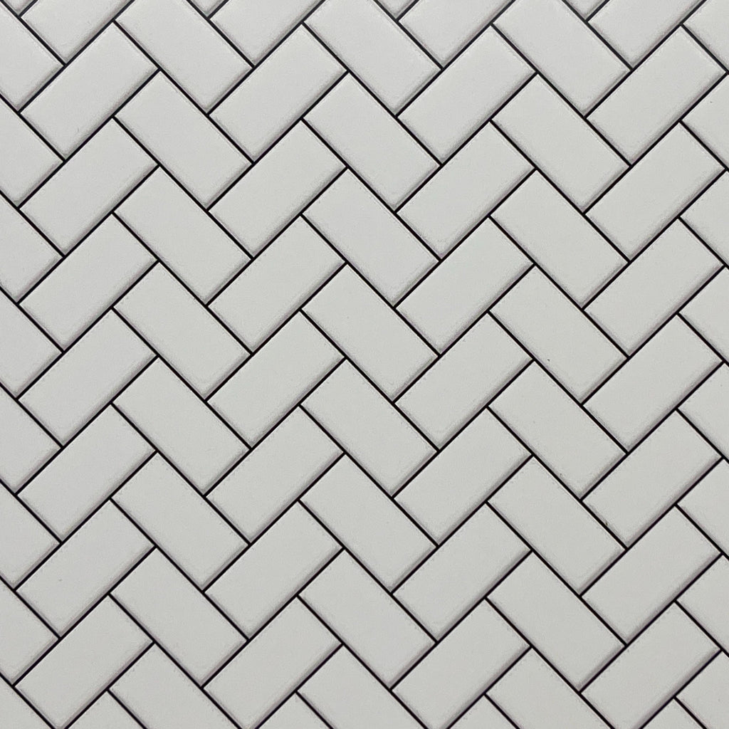 Miniature White Embossed Herringbone Subway Tile Sheet, 15-15/16 x 11-5/8 inch, DIY Dollhouse Supply (black grout)