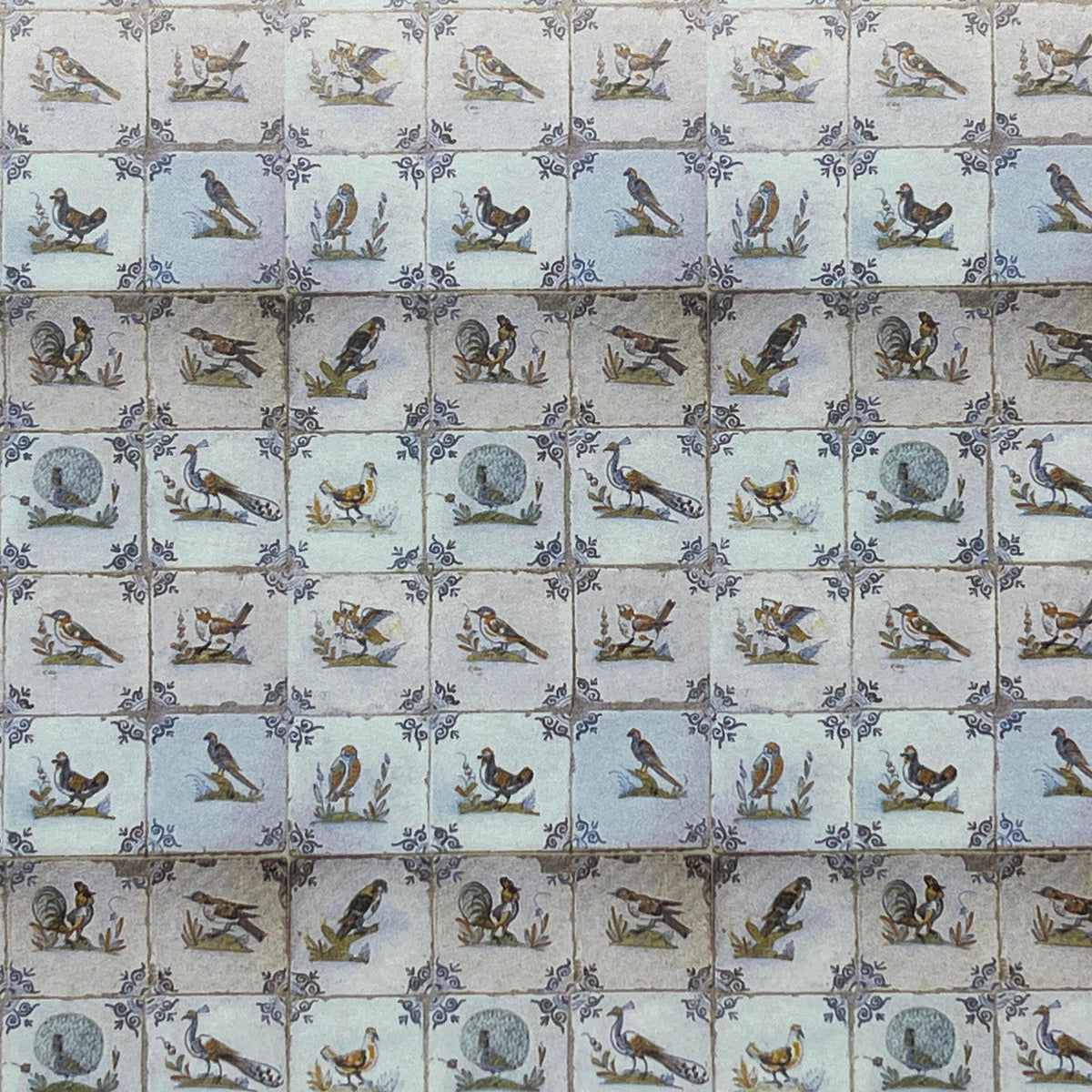 1:12 Scale Miniature Delft Birds Tile Wallpaper, 1/2 inch Tiles, 16-1/8 x 11-3/4 inch, DIY Dollhouse Supply (blue gray)
