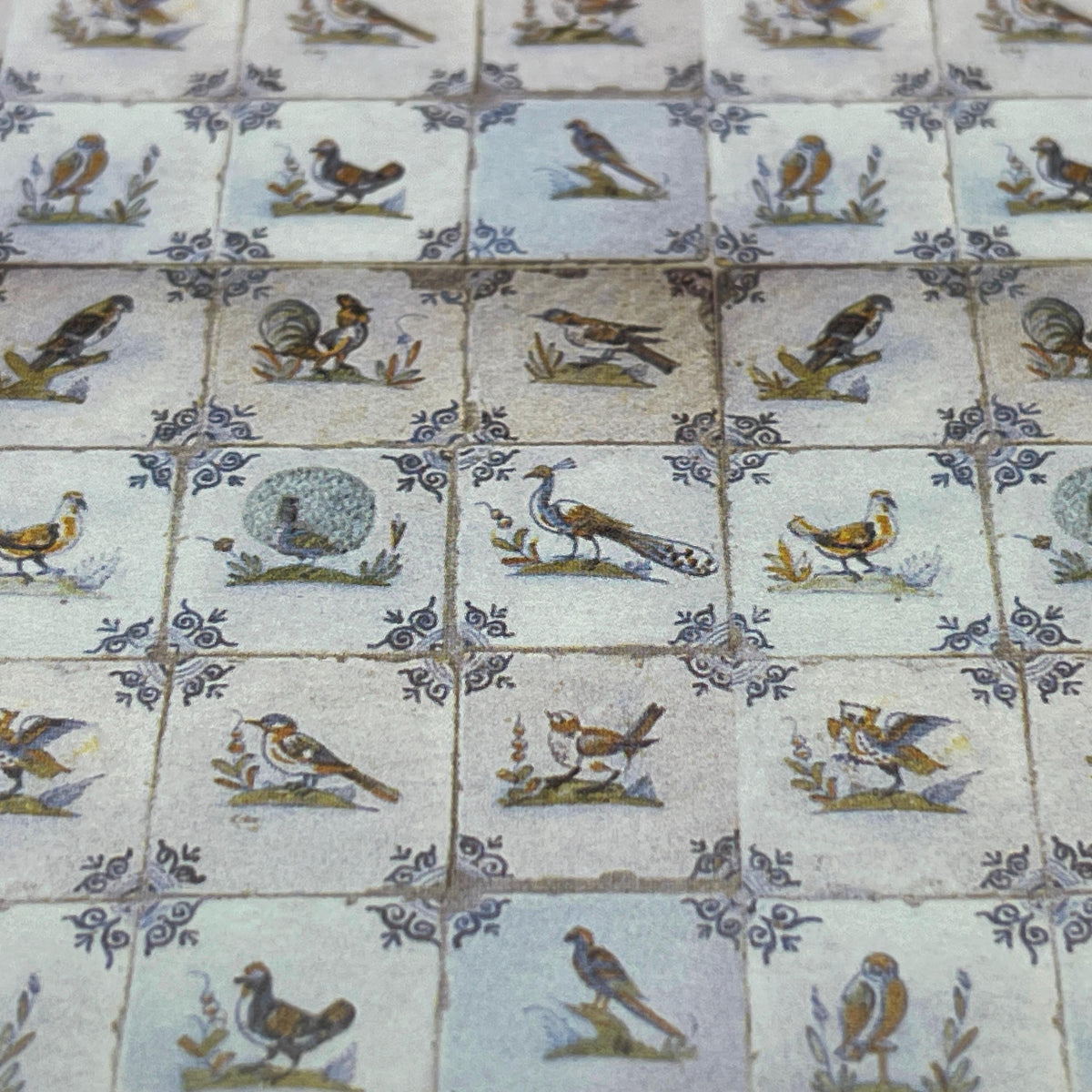 1:12 Scale Miniature Delft Birds Tile Wallpaper, 1/2 inch Tiles, 16-1/8 x 11-3/4 inch, DIY Dollhouse Supply (blue gray)