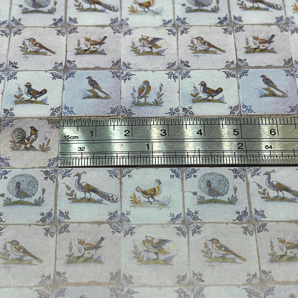 1:12 Scale Miniature Delft Birds Tile Wallpaper, 1/2 inch Tiles, 16-1/8 x 11-3/4 inch, DIY Dollhouse Supply (blue gray)