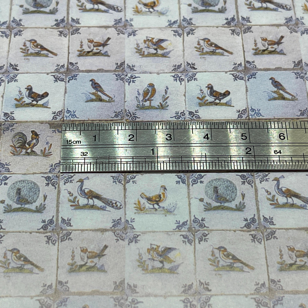 1:12 Scale Miniature Delft Birds Tile Wallpaper, 1/2 inch Tiles, 16-1/8 x 11-3/4 inch, DIY Dollhouse Supply (blue gray)