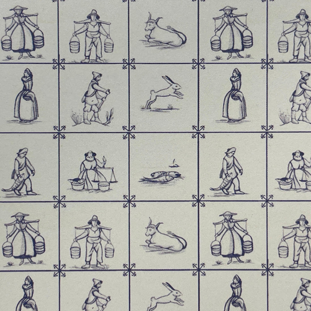 Miniature Delft Farmers and Fishermen Tile Wallpaper, 5/8 inch Tiles, 16-1/16 x 11-3/4 inch, DIY Dollhouse Supply (blue)