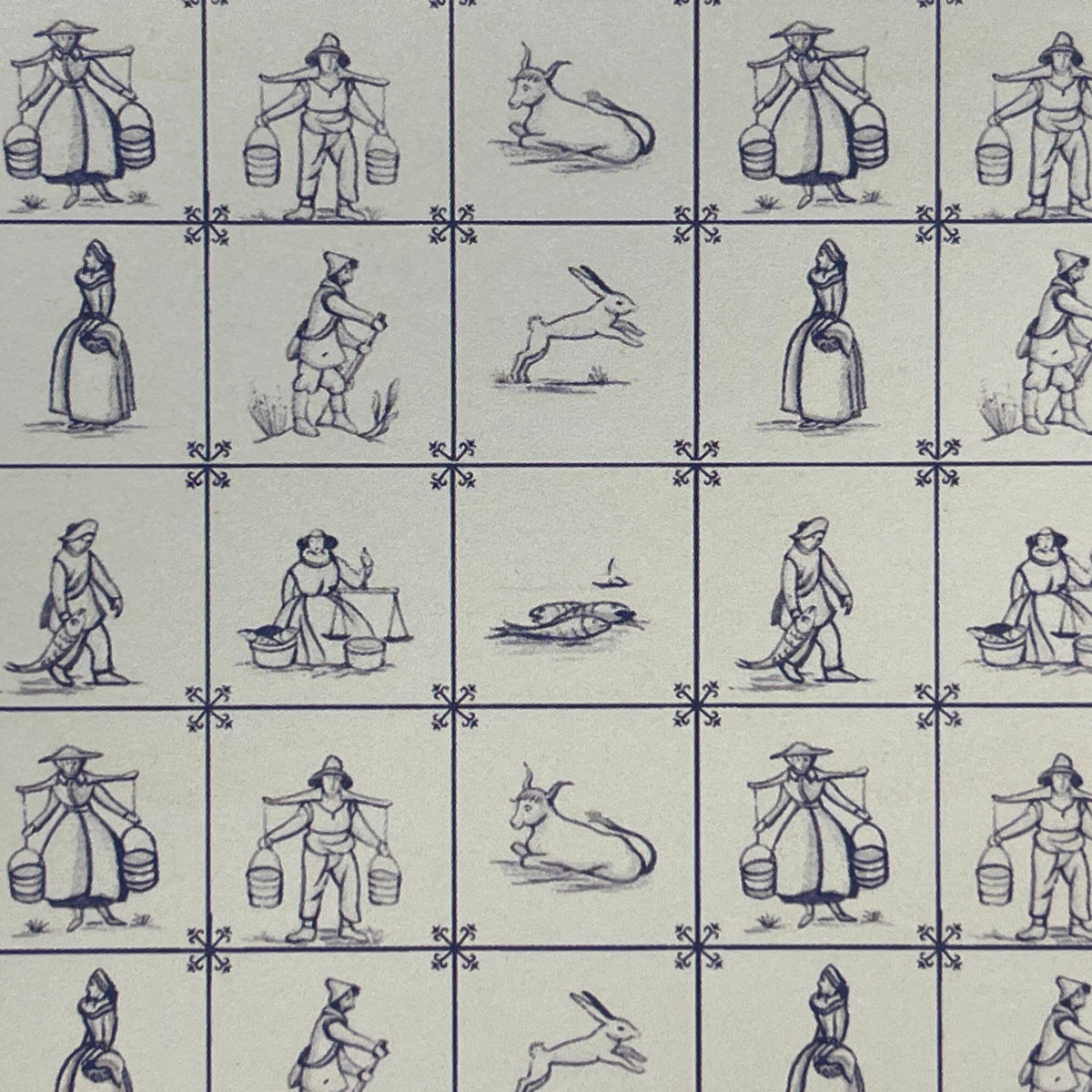 Miniature Delft Farmers and Fishermen Tile Wallpaper, 5/8 inch Tiles, 16-1/16 x 11-3/4 inch, DIY Dollhouse Supply (blue)