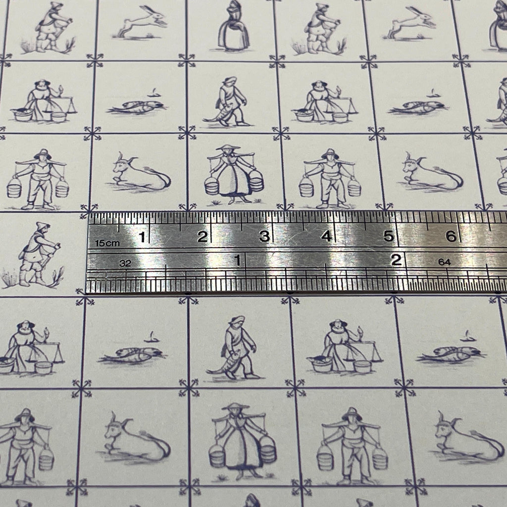 Miniature Delft Farmers and Fishermen Tile Wallpaper, 5/8 inch Tiles, 16-1/16 x 11-3/4 inch, DIY Dollhouse Supply (blue)