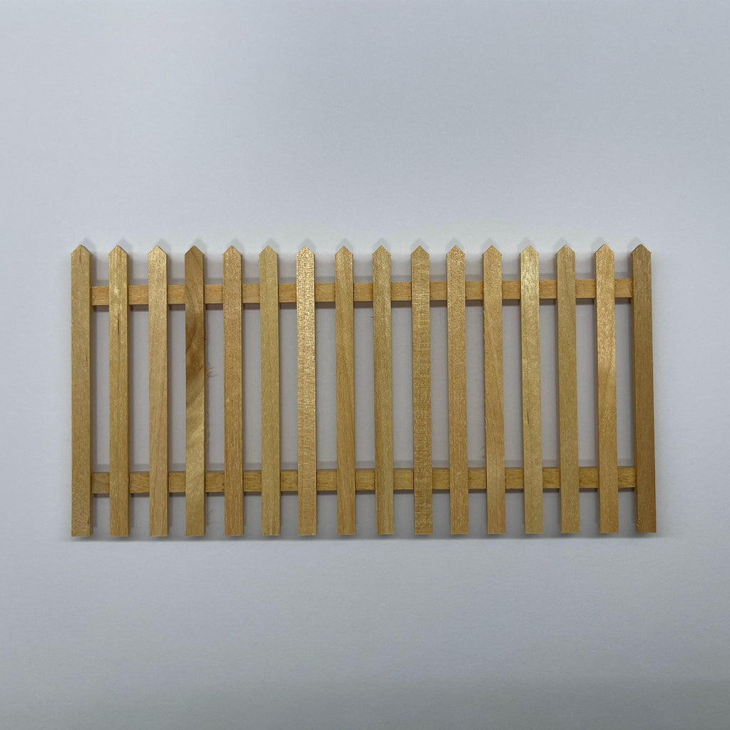 1:12 scale miniature picket fence panel in unfinished wood, ready to paint, pointed pickets on two rails