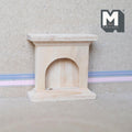 1:12 scale miniature unpainted wood fireplace surround with arched opening and mantel shelf, against a plain wall