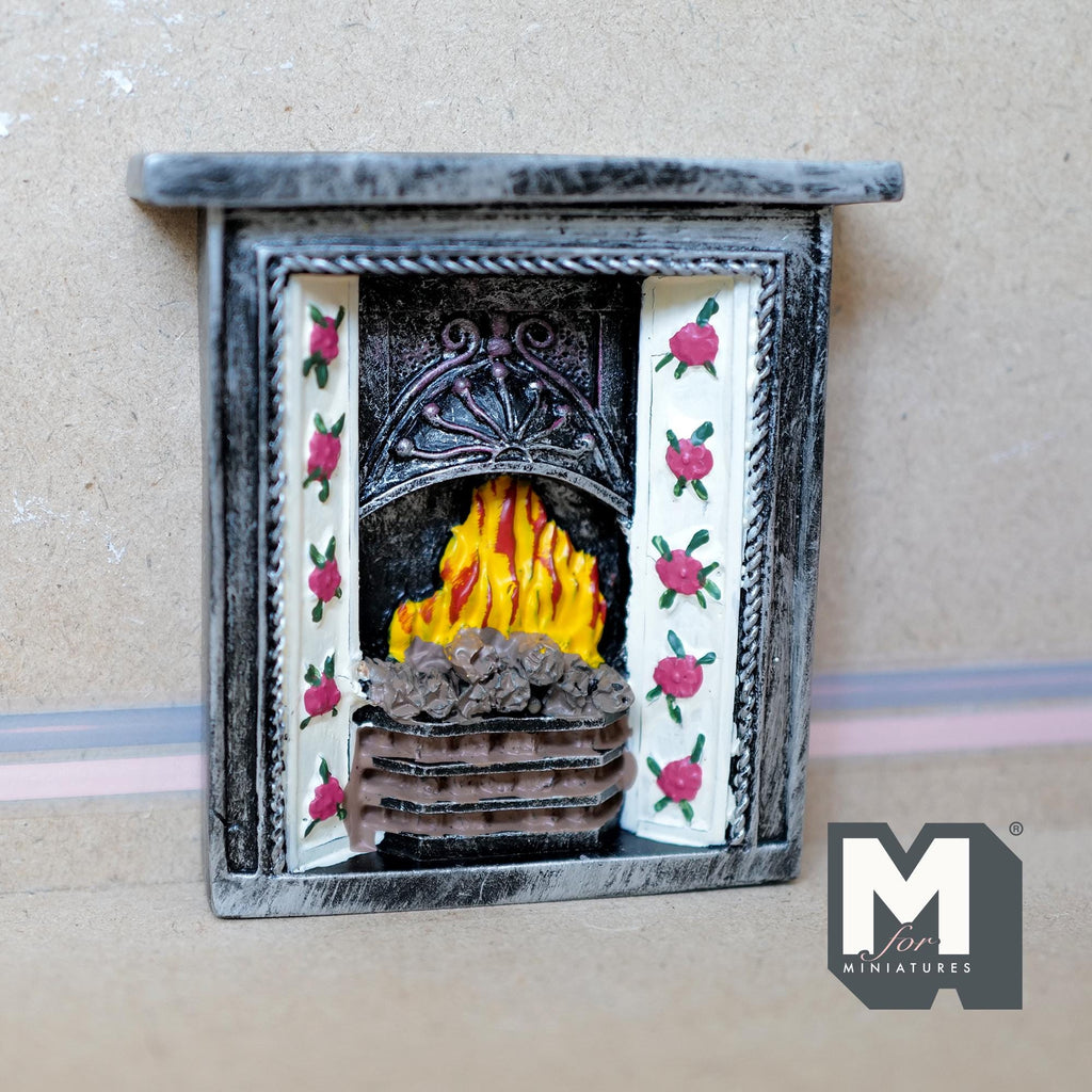 1:12 scale miniature cast resin stone look fireplace with mantel, rose tile side panels and a glowing fire grate