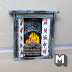 1:12 scale miniature cast resin stone look fireplace with mantel, rose tile side panels and a glowing fire grate