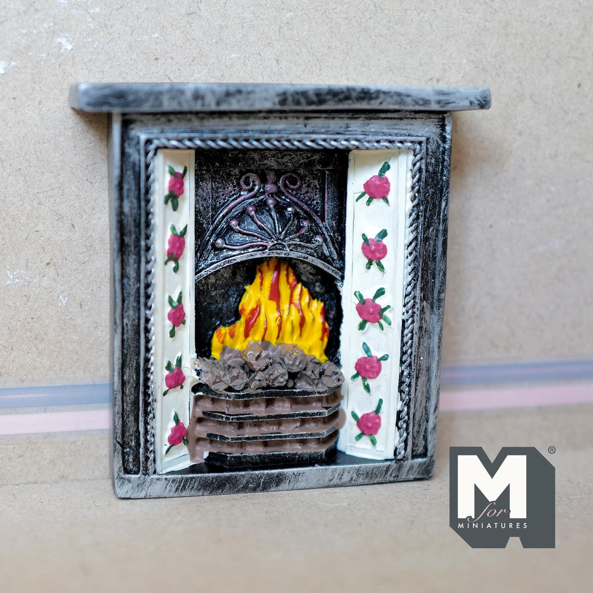 1:12 Scale Miniature Stone Look Fireplace with Mantel, Tile Side Panels, 3-11/16 inch tall, DIY Dollhouse Supply (cast resin)