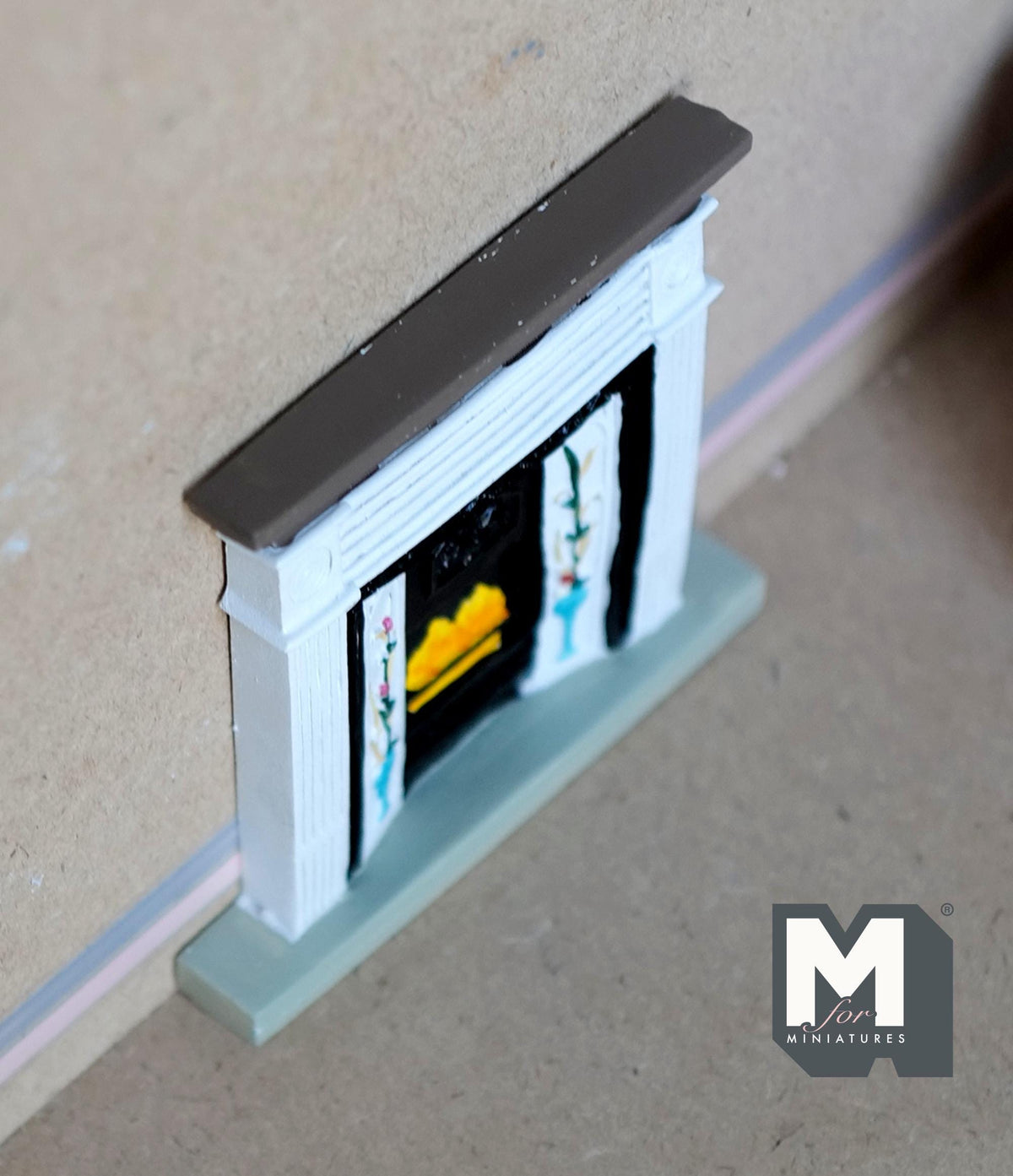 1:12 Scale Miniature Victorian Style Fireplace with Mantel, Tile Panels, 3-11/16 inch tall, DIY Dollhouse Supply (cast resin)
