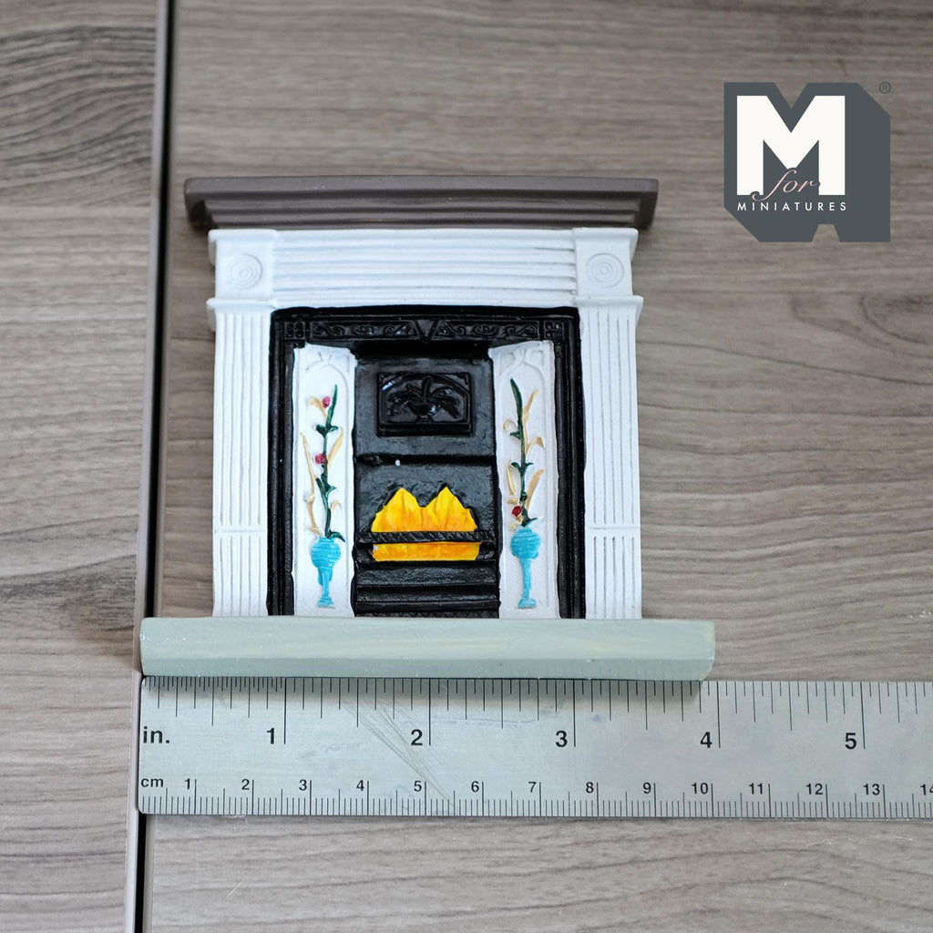 1:12 Scale Miniature Victorian Style Fireplace with Mantel, Tile Panels, 3-11/16 inch tall, DIY Dollhouse Supply (cast resin)