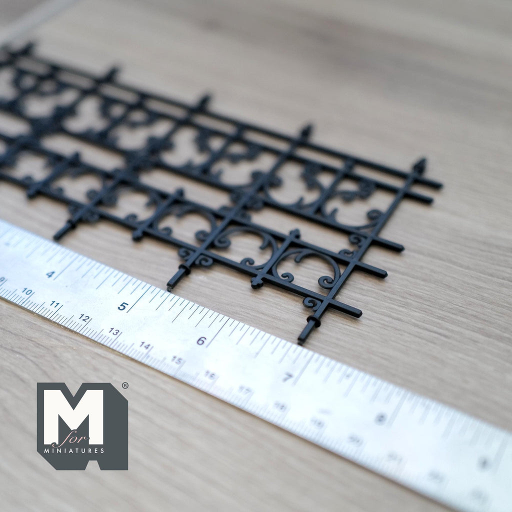 1:12 Scale Miniature Fleur de Lis Scroll Railing and Garden Fence Panel, 7-3/16 inch long, DIY Dollhouse Supply (black)