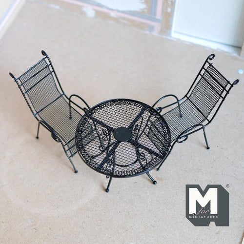 1:12 Scale Miniature Black Wire Patio Table and 2 Chairs, Bistro Set, 3-3/8 inch dia., DIY Dollhouse Supply (metal)