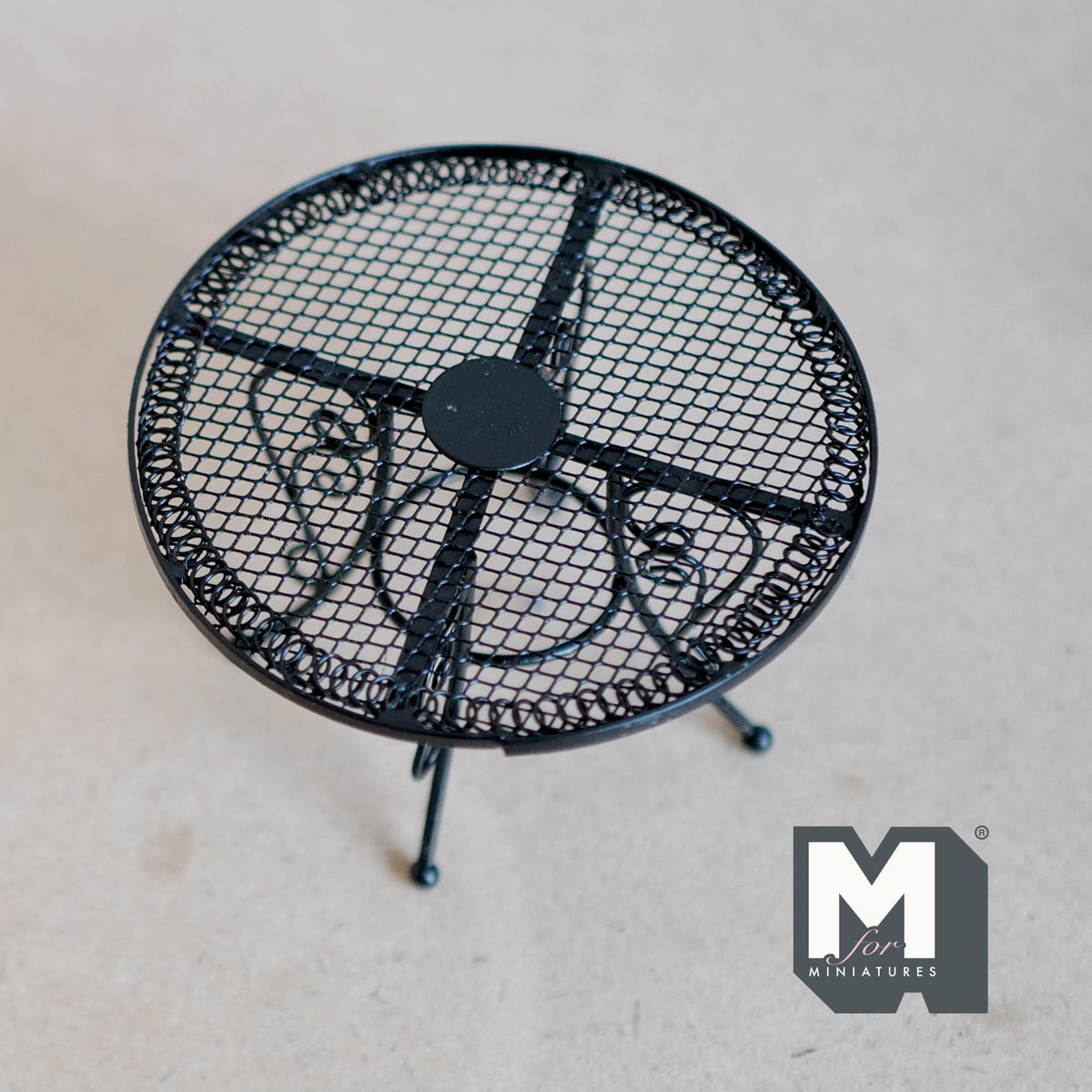 1:12 Scale Miniature Black Wire Patio Table and 2 Chairs, Bistro Set, 3-3/8 inch dia., DIY Dollhouse Supply (metal)
