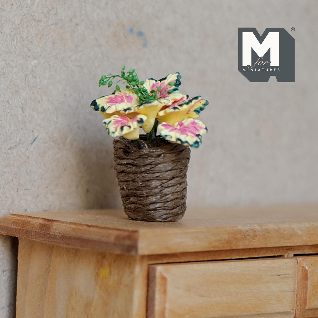 1:12 Scale Miniature Yellow Poinsettia in Twine Pot, 1-5/16 inch tall, DIY Dollhouse Supply