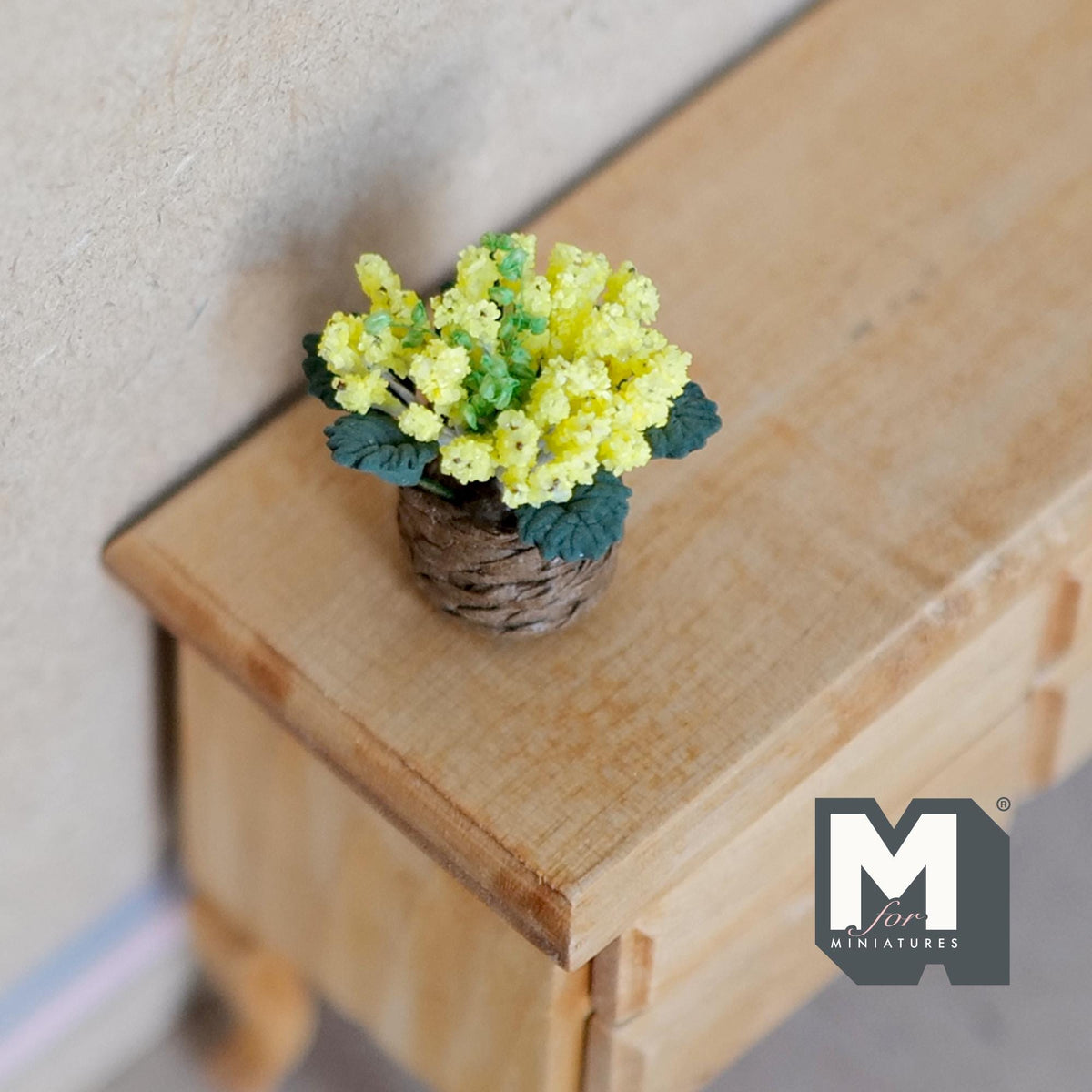 1:12 Scale Miniature Yellow Flowers in Twine Pot, 1 inch tall, DIY Dollhouse Supply