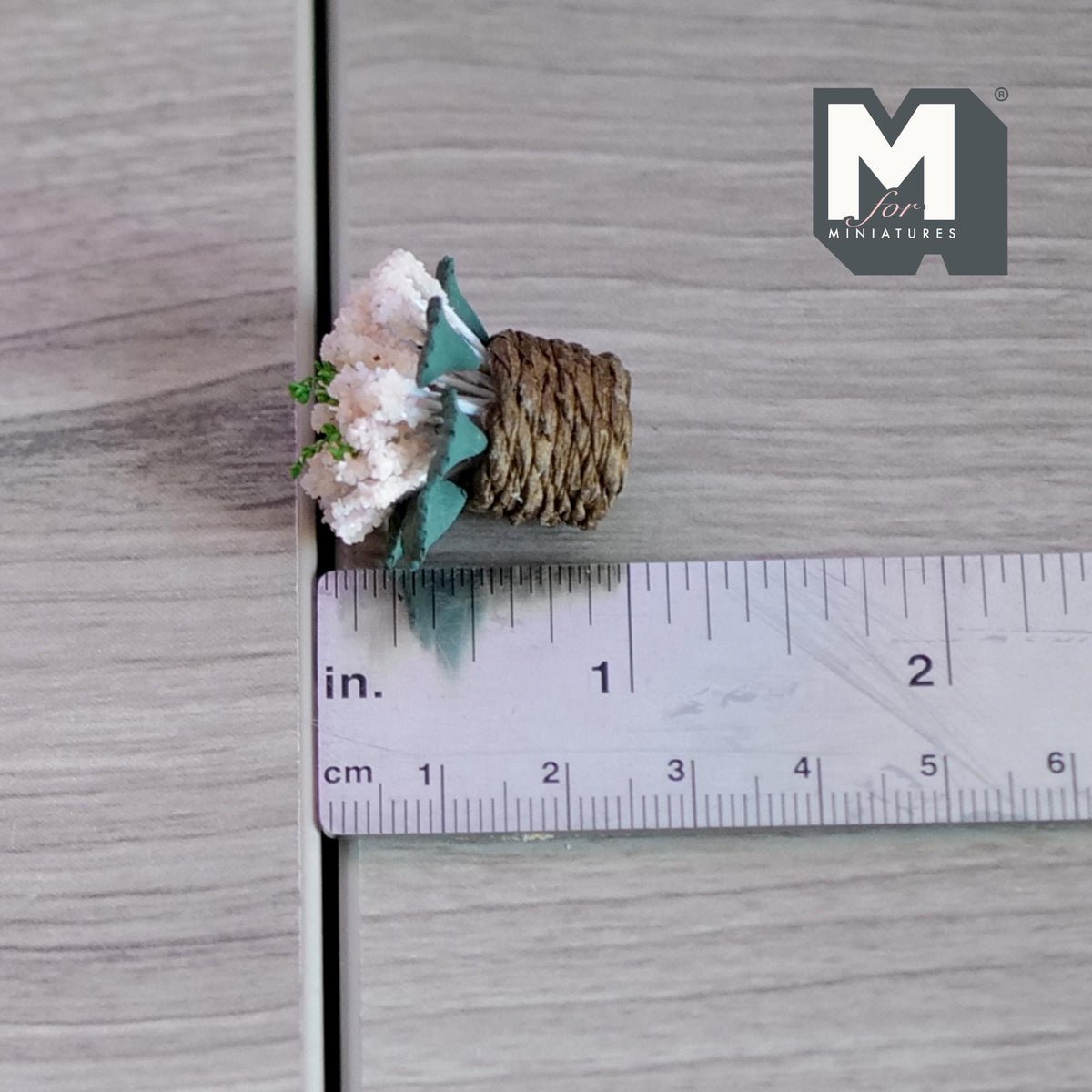 1:12 Scale Miniature Light Pink Flowers in Twine Pot, 1 inch tall, DIY Dollhouse Supply