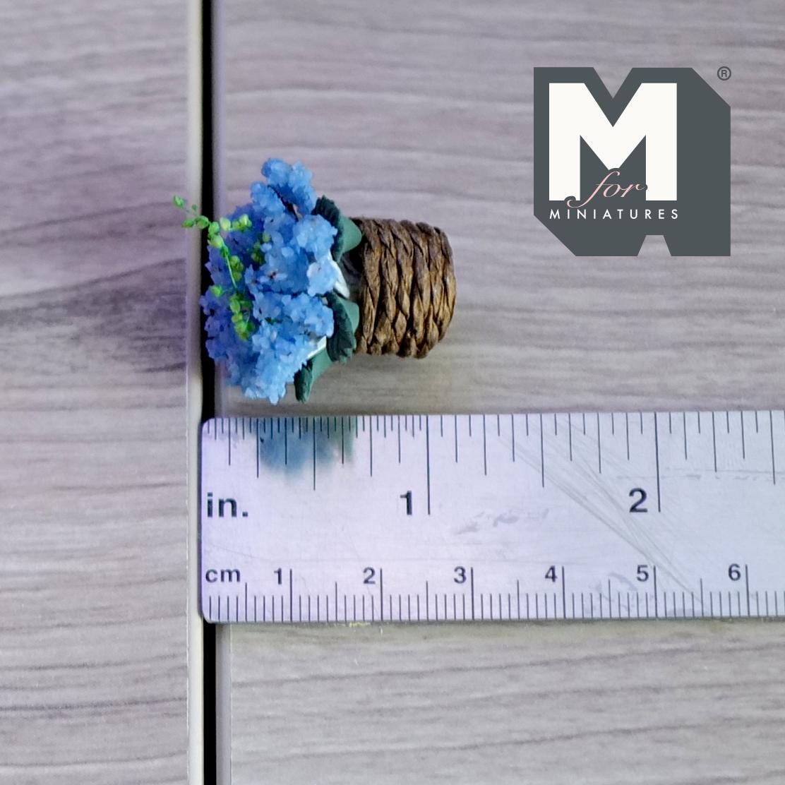 1:12 Scale Miniature Blue Flowers in Twine Pot, 1 inch tall, DIY Dollhouse Supply