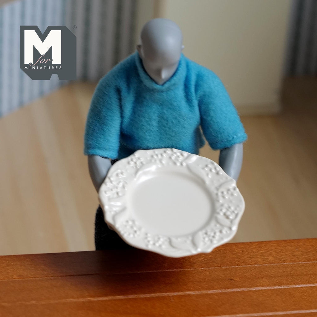 1:12 Scale Miniature Large Ceramic Plate with Embossed Floral Rim, 1-7/8 inch dia., DIY Dollhouse Supply (white)