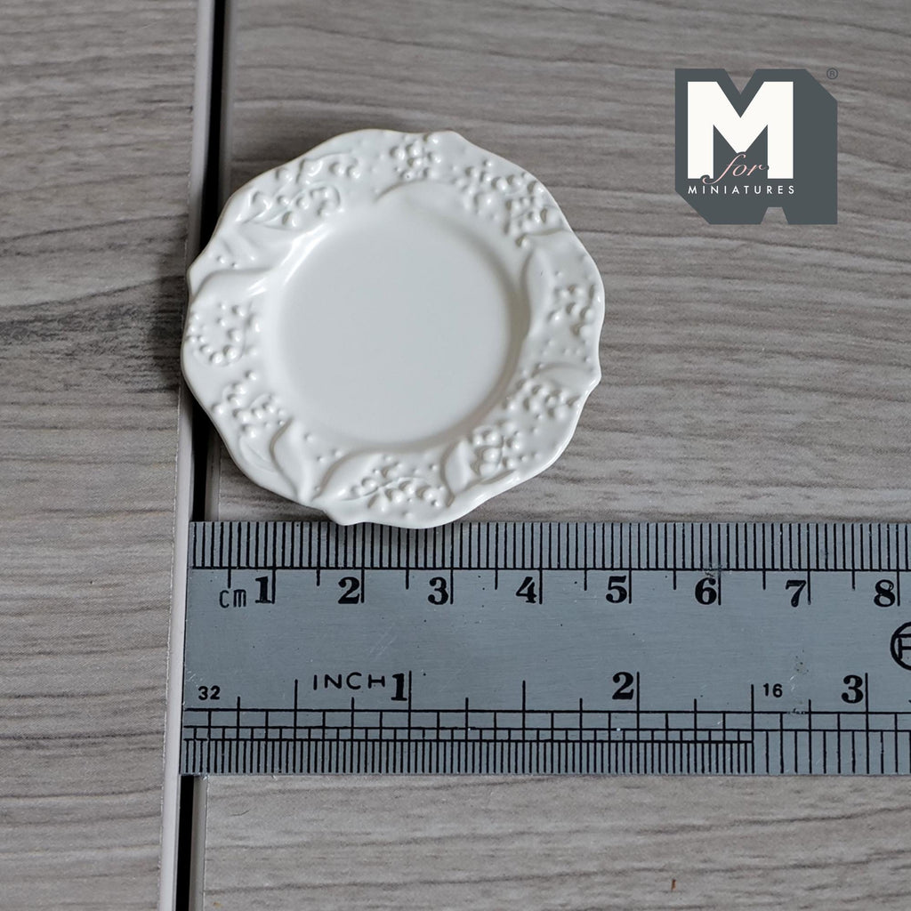 1:12 Scale Miniature Large Ceramic Plate with Embossed Floral Rim, 1-7/8 inch dia., DIY Dollhouse Supply (white)