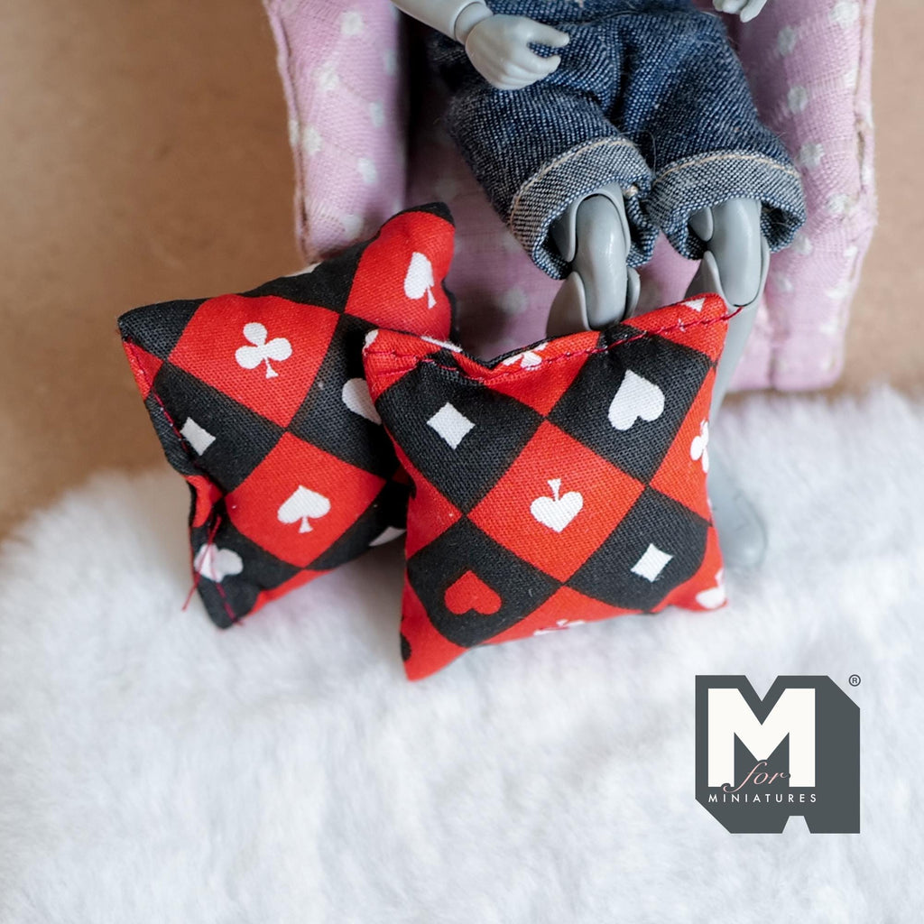 1:12 Scale Miniature Fabric Square Cushions, Set of 2, 1-3/4 inch wide, DIY Dollhouse Supply (card suit print)