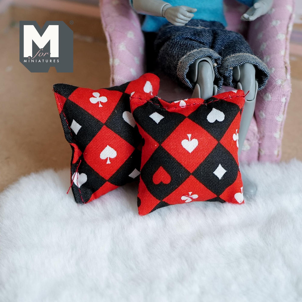 1:12 Scale Miniature Fabric Square Cushions, Set of 2, 1-3/4 inch wide, DIY Dollhouse Supply (card suit print)
