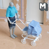 Miniature Stroller with Blue Hood 1:12 Scale Dollhouse Supplies Pram with Fabric Top 3-1/4 inch tall (metal) -