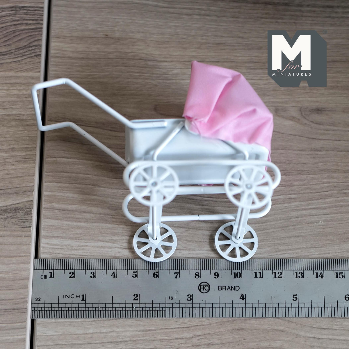 1:12 Scale Miniature Metal Baby Stroller with Fabric Hood, 3-1/4 inch tall, DIY Dollhouse Supply (pink and white)