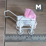 Miniature Stroller with Pink Hood 1:12 Scale Dollhouse Supplies Pram with Fabric Top 3-1/4 inch tall (metal) -
